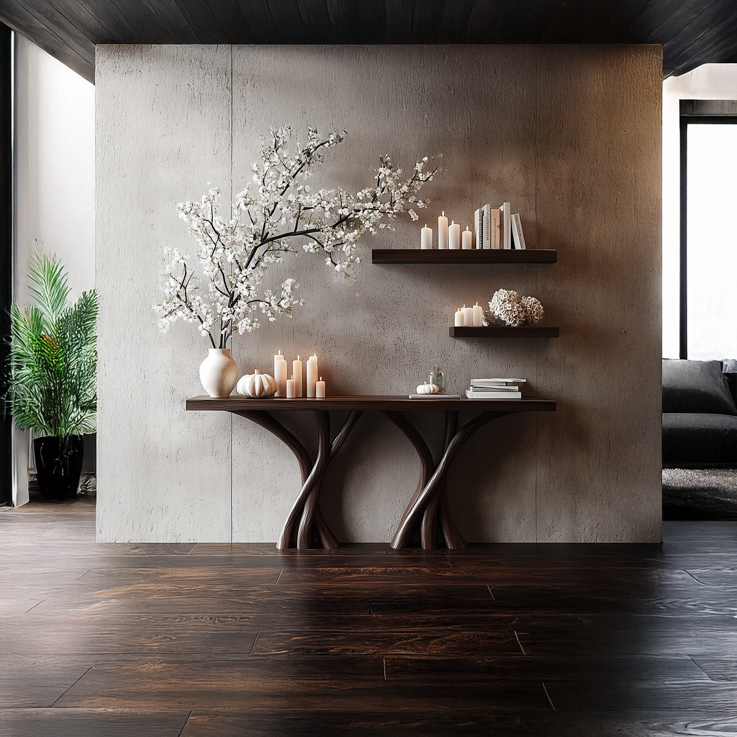 Wodaho Sculptural Console Table – Solid Wood Organic Rustic Gift