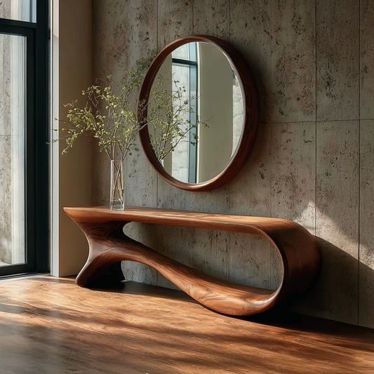 Wodaho Wall Round Mirror Console Table – Reclaimed Wood Décor Gift